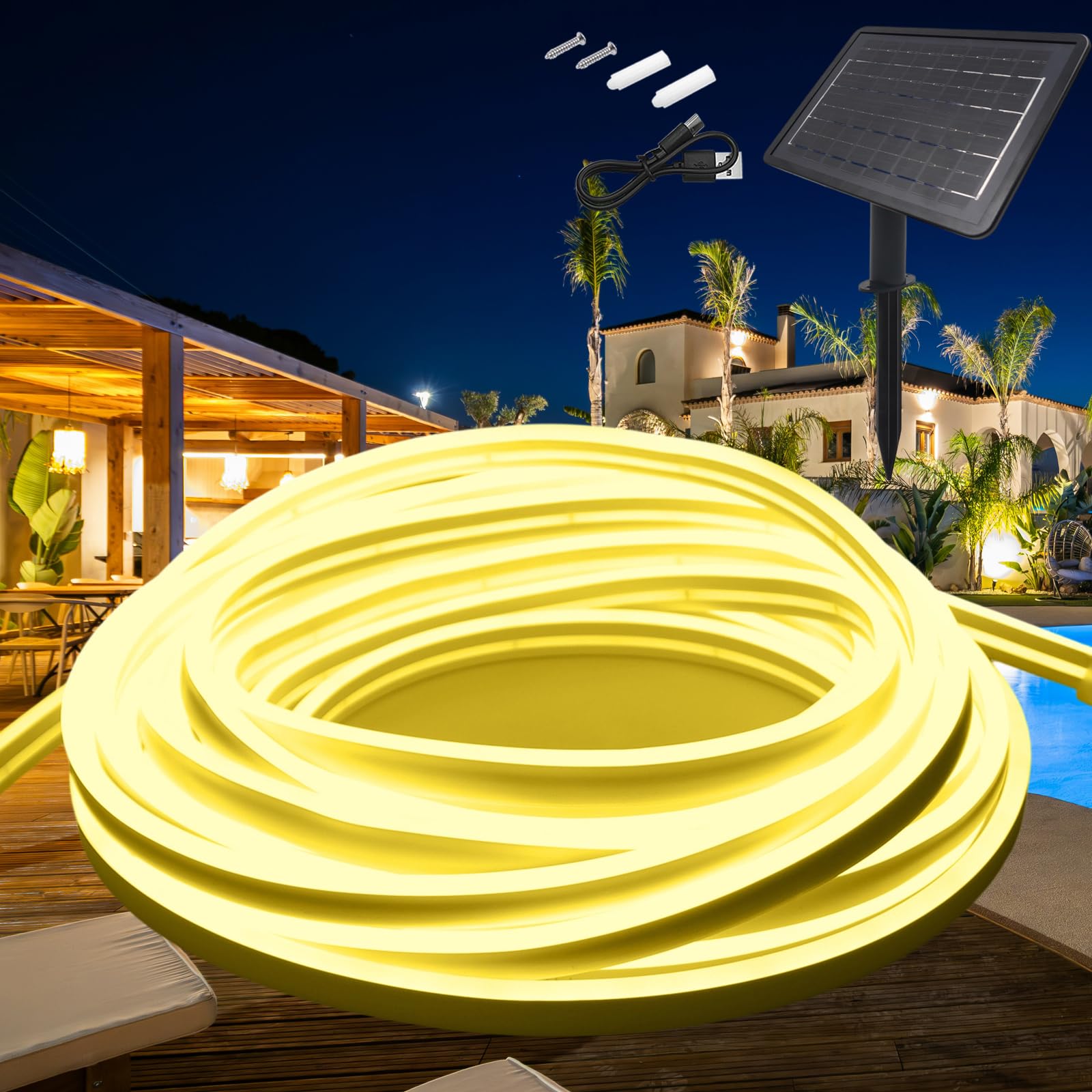 KISUFU 24V Solar Neon Light Strip, 120 LEDs/m IP68 Waterproof Outdoor Garden Solar Powered Fairy Lights with 2400mAh Solar Cell Box Controller for Patio Yard Party.