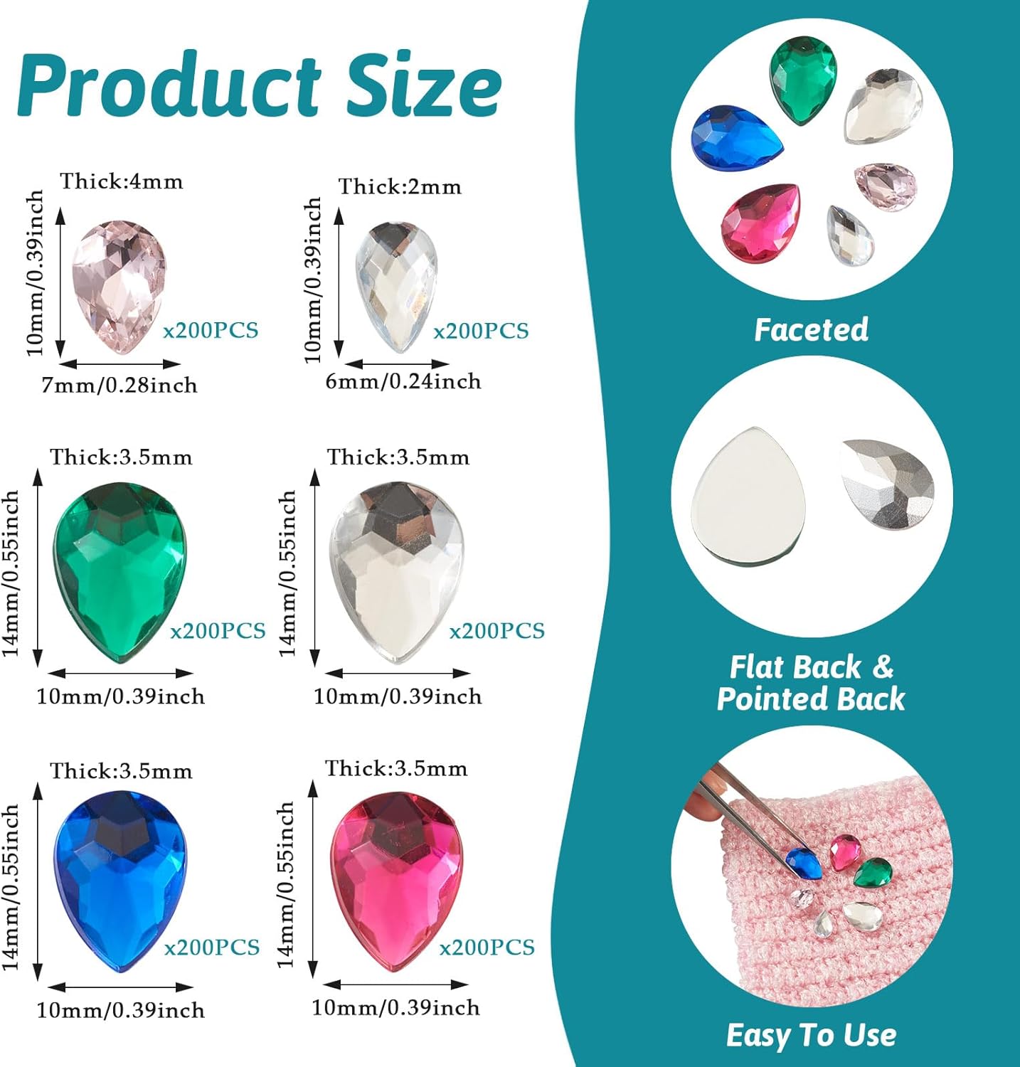 Pandahall 1200Pcs Teardrop Sew On Rhinestones Crystal Rhinestone Flat Back Gems Cabochons 6 Colors Acrylic Drop Shaped Cabochons for Costume Embelishments Jewelry Craft Garment Design - Image 3