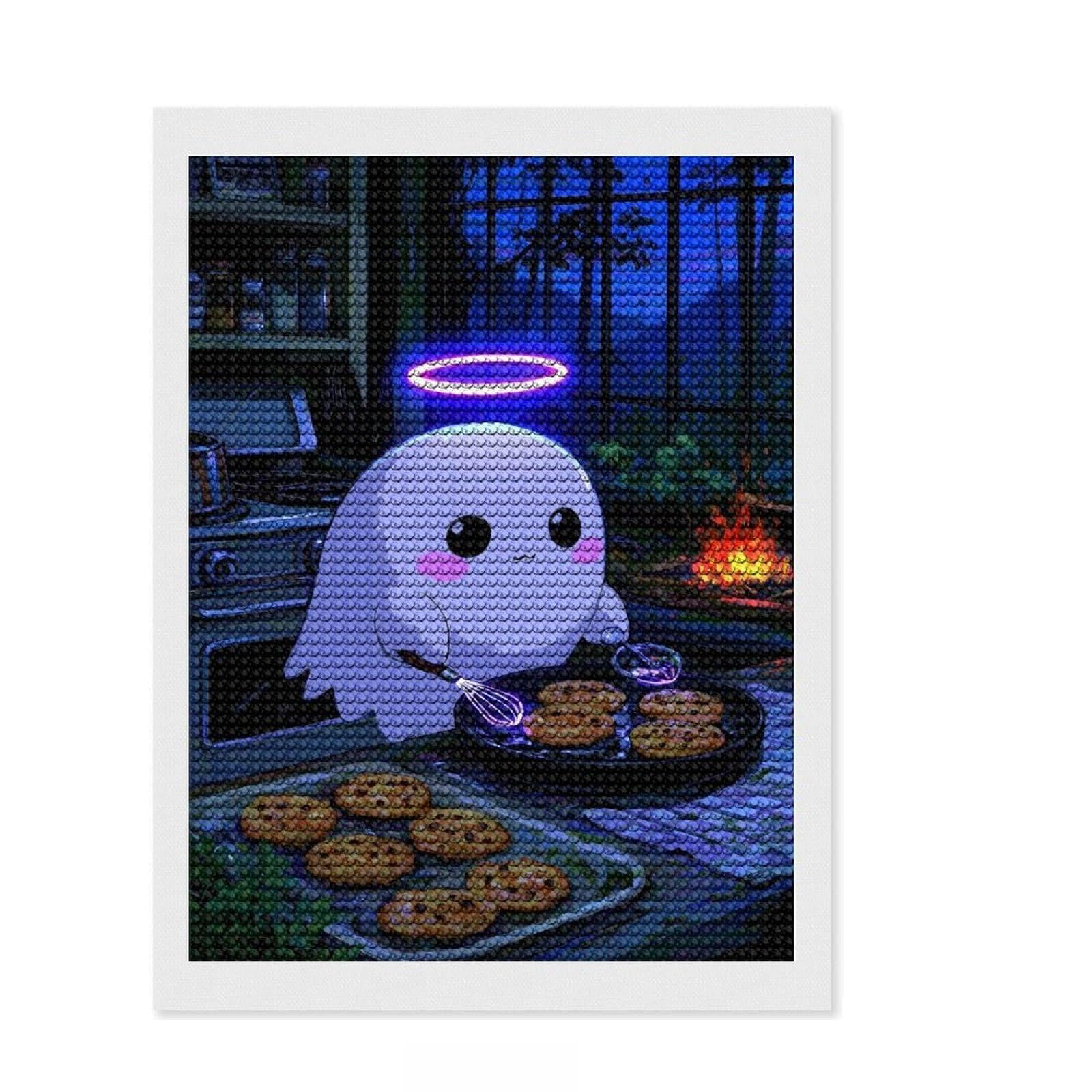 Junmoney Cute Ghost Baking Cookies Illustration Diamond Style Art Kit 12"x16", Farmhouse Decor, Relaxing DIY, with Tool Kit, Thoughtful Present, DIY