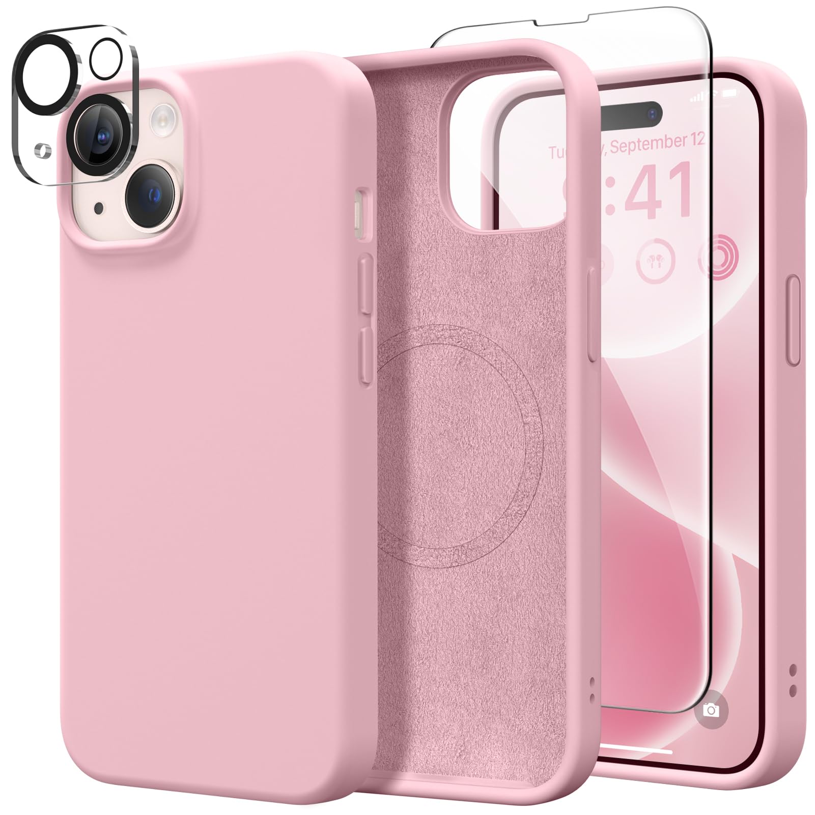GONEZ for iPhone 13 Case Silicone, Compatible with Magsafe, [2X Screen Protector + 2X Camera Lens Protector], Soft Rubber Slim Shockproof Protective Microfiber Lining Phone Case 6.1", Peach Pink