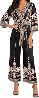 Verdusa Women's Floral High Waist Belted Wrap Wide Leg Jumpsuit Culotte