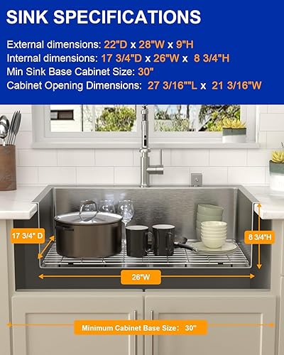 Miniatura 6 de Dcolora DC-T7743 - Fregadero de cocina de 28 pulgadas, calibre 16, acero inoxidable 304, fregadero de montaje superior, esquina redonda de 28 x 22 x