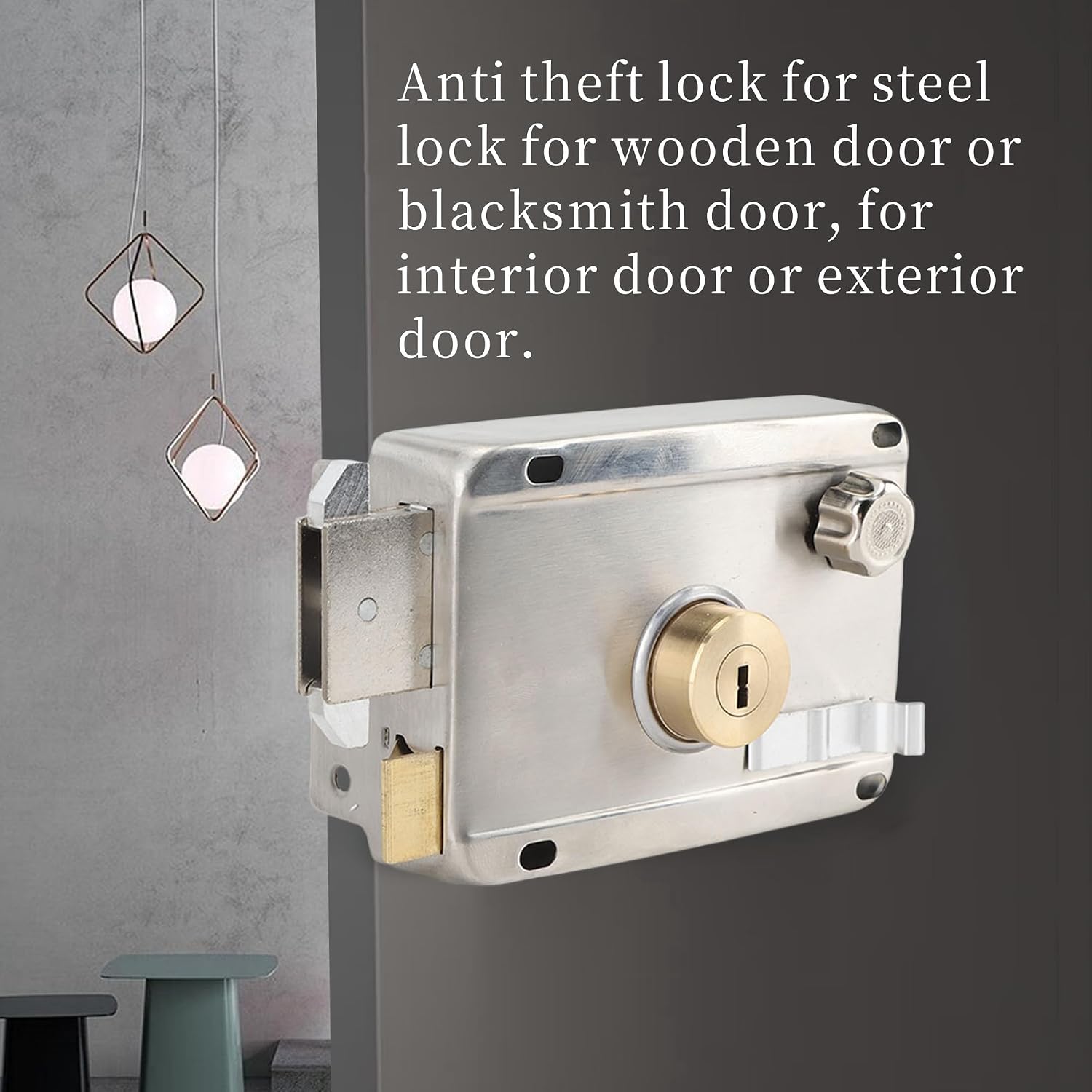 Rim Lock Set, Stainless Steel Vertical Keyway Cylinder Deadbolt With Handle - Anti-Theft Exterior Door Security for Home Safety