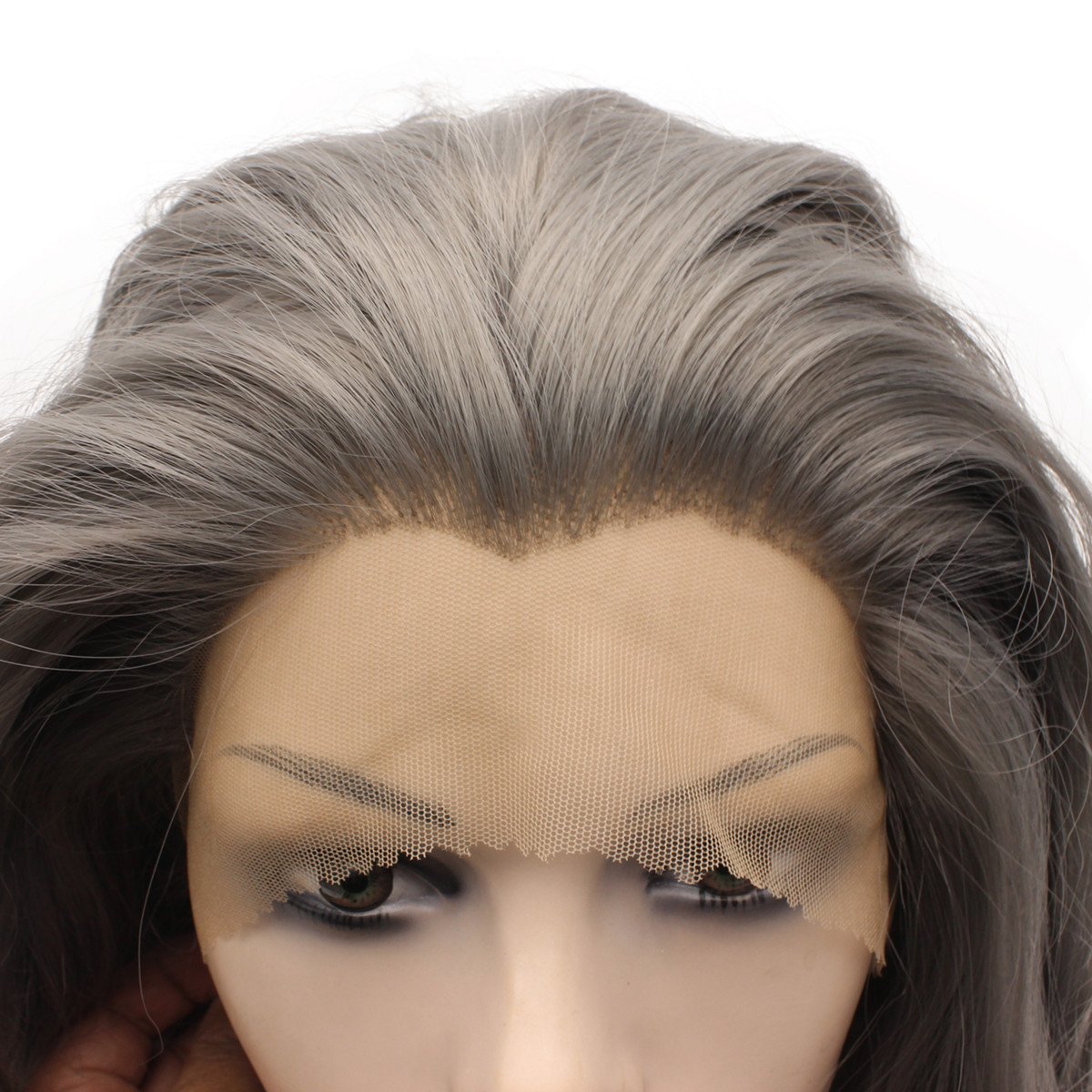 MX angel Long Wavy Gray Heat Resistant Synthetic Lace Front Wig Natural