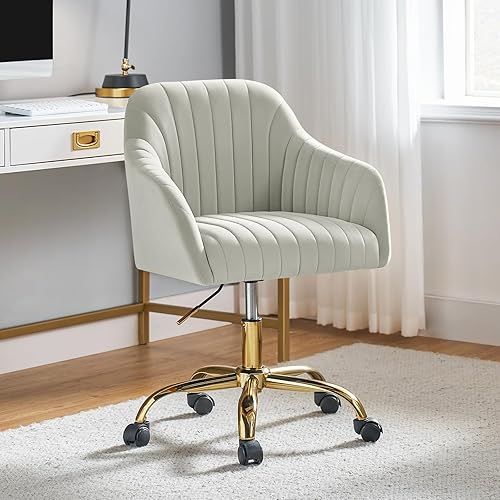 TINA'S HOME Silla de escritorio de terciopelo para oficina en casa con base dorada, moderna y bonita silla de trabajo para computadora, ruedas