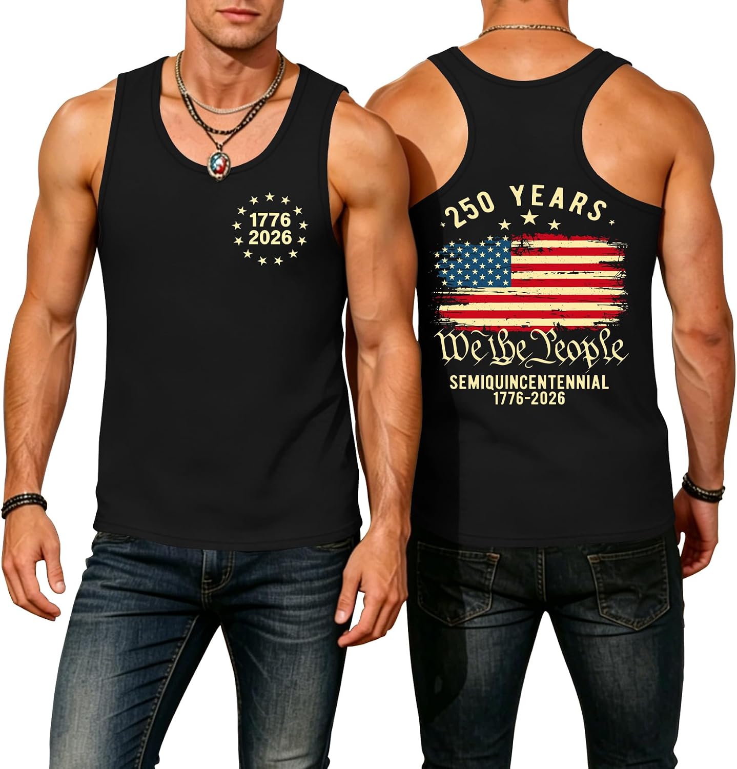 QAUN Men's 250 Anniversary USA Tank Tops American Flag Shirts 250 Years America Sleeveless Patriotic Tops