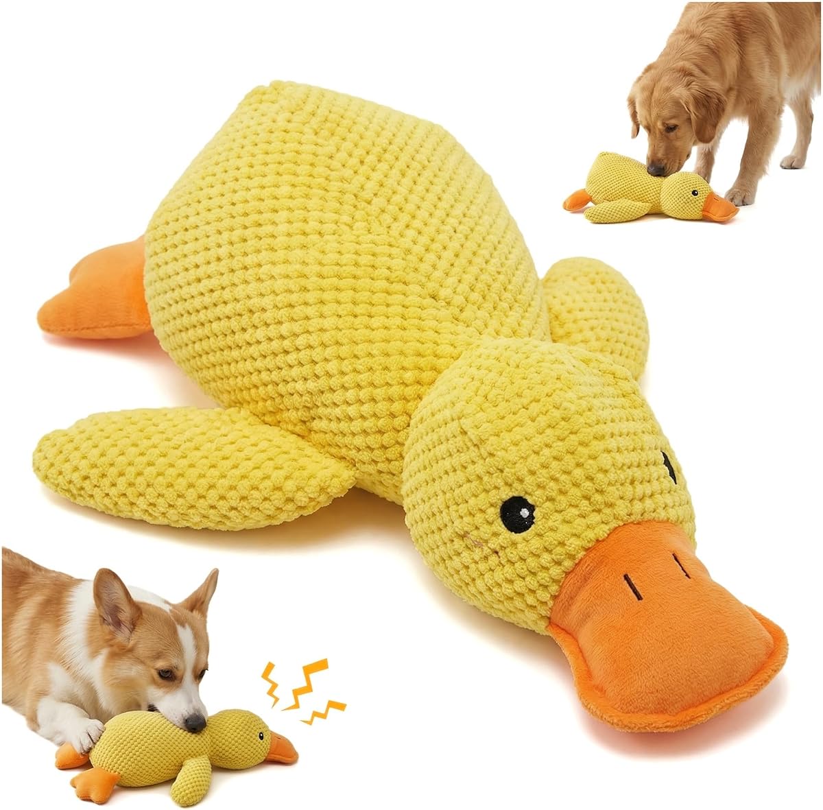 Pato de juguete para perros chirriantes, juguete divertido para perros (amarillo, mediano) | Pato de peluche con textura de piña suave con sonido de graznido, alivio de la ansiedad y juguete calmante para perros grandes y medianos