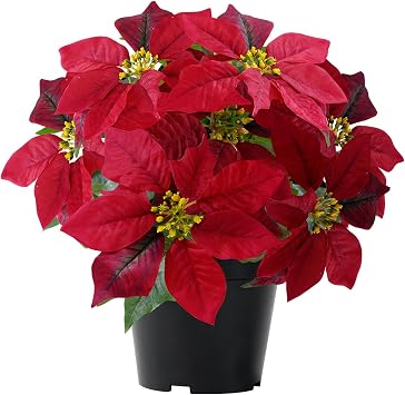 Artificial Poinsettia Plants Fake Christmas Flowers in PotHot Red