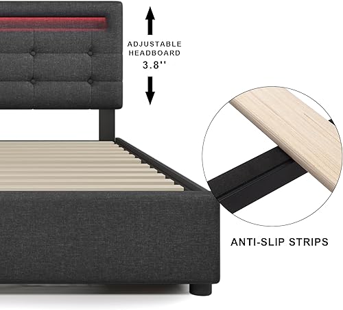 Miniatura 6 de Marco de cama, base de cama tapizada con 4 cajones de almacenamiento y luces LED y cabecera ajustable, no necesita somier, gris (tamaño matrimonial)