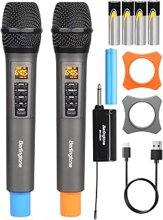 Berlingtone) Dual UHF Wireless Dynamic Handheld Microphone Systems, 60 Adjustable Frequency Channel, with Echo, Treble, Bass Volume, Rechargeable Battery, for Singing, Church, up to 200Ft. Range