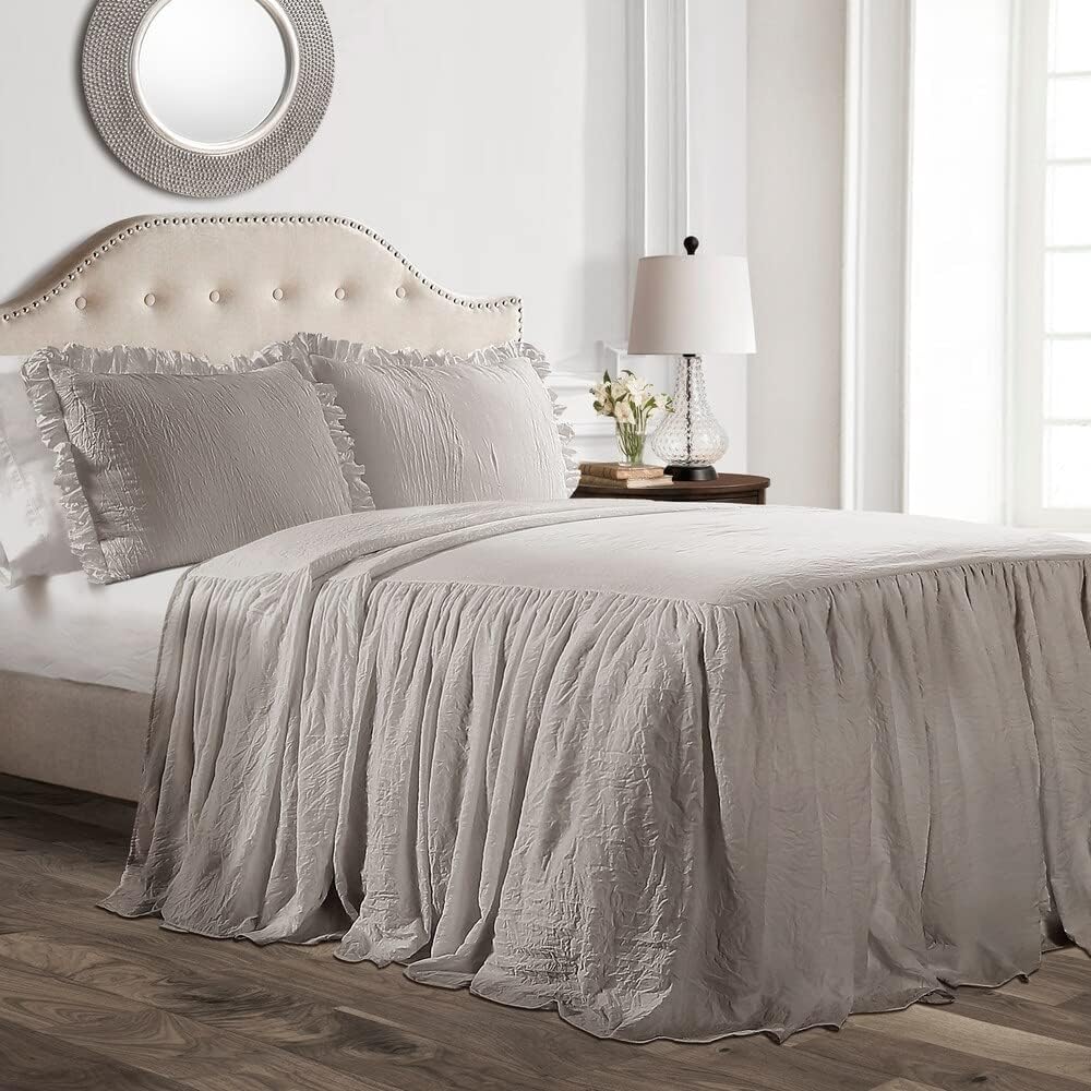 Lush Decor Fırfırlı Etek Yatak Örtüsü Vintage Şık Çiftlik Evi Tarzı Hafif 3 Parça Set, Kraliçe, Gri