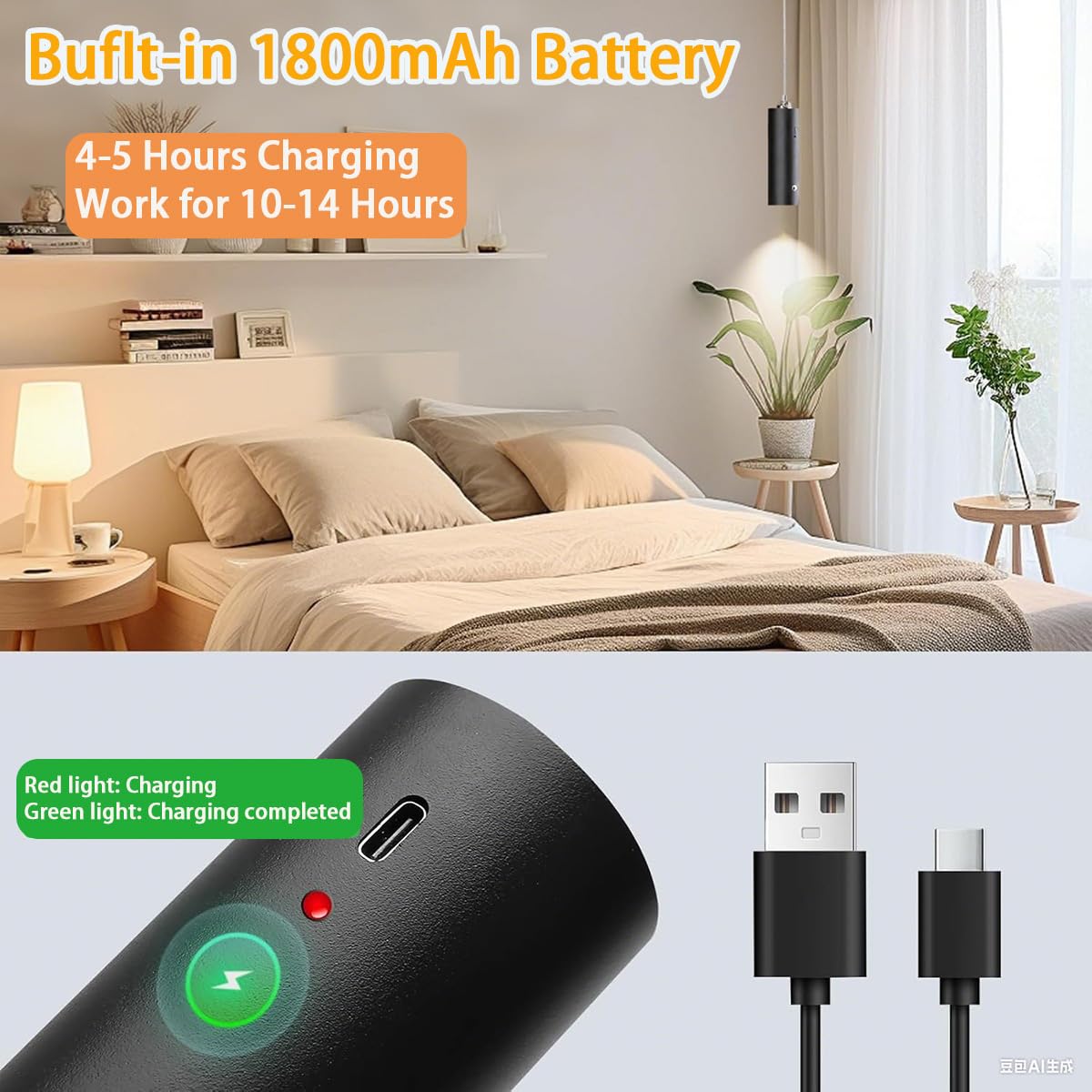 2 Stück Akku Pendelleuchte Schwarz LED Hängelampe Touch Dimmbar 3000K Warmweiß Hängeleuchte Modern Zylinder Pendellampe Batteriebetriebene, Höhenverstellbar, für Nachttisch Schlafzimmer Küche, 11cm