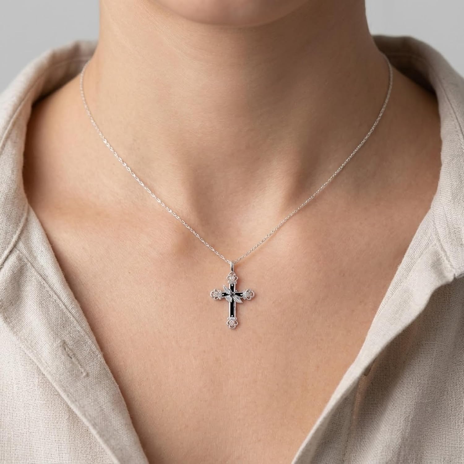 Antiqued Dove Cross Pendant Necklace, Sterling Silver, 12k Rose and Green Black Hills Gold