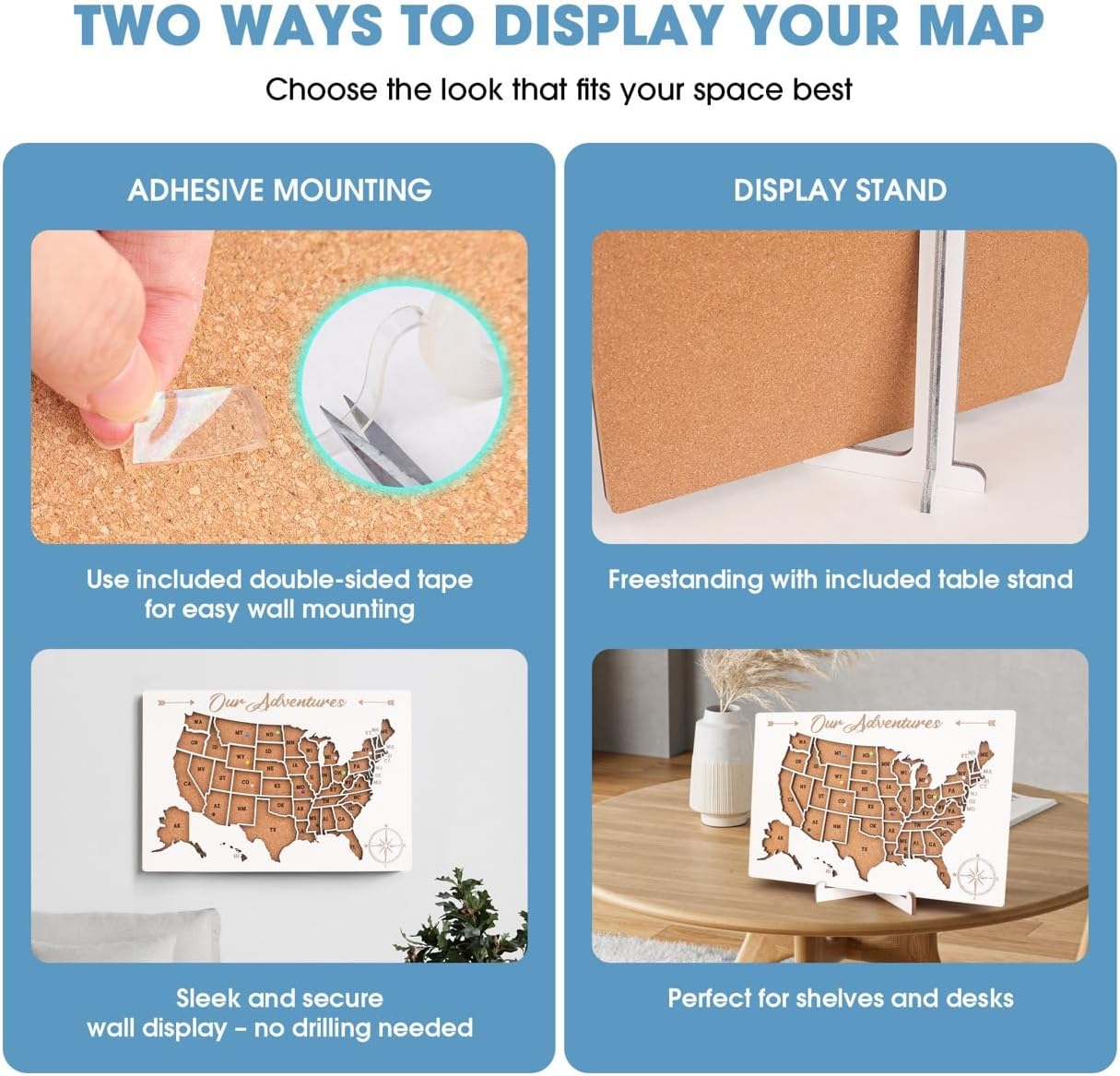 Luoyadee Cork Board USA Map Pin Board, US Map Tracker for Travel, Maps of USA for Traveling, United States Travel Maps for Couples Gift for RV Vacations, Home Classroom Wall Deocor, 12" x 8", White