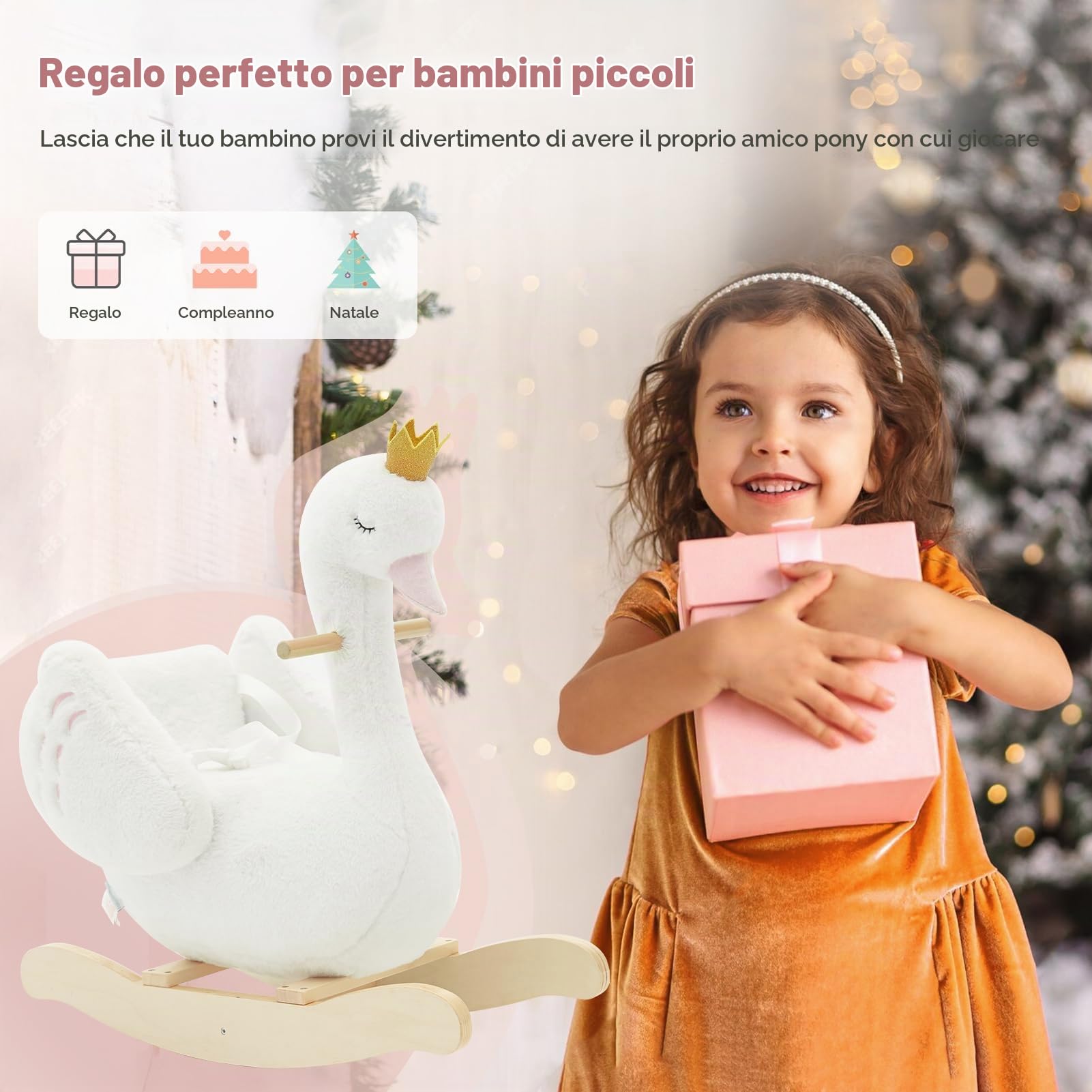 Labebe Cavallo Dondolo Legno, Peluche Bambini di Cigno Bianco per 6-36 Mesi, Sedia Dondolo Neonati/Giochi Cavalcabili