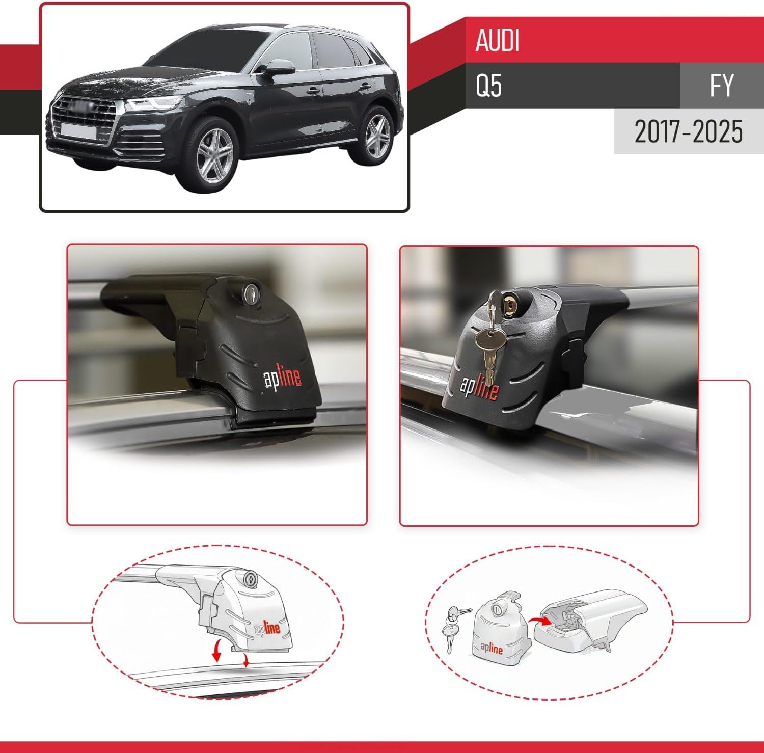 Compatible with Audi Q5 (FY) 2017-2025 ACE-2 Type Car Roof Rack Cross Bar Grey Aluminium Bars