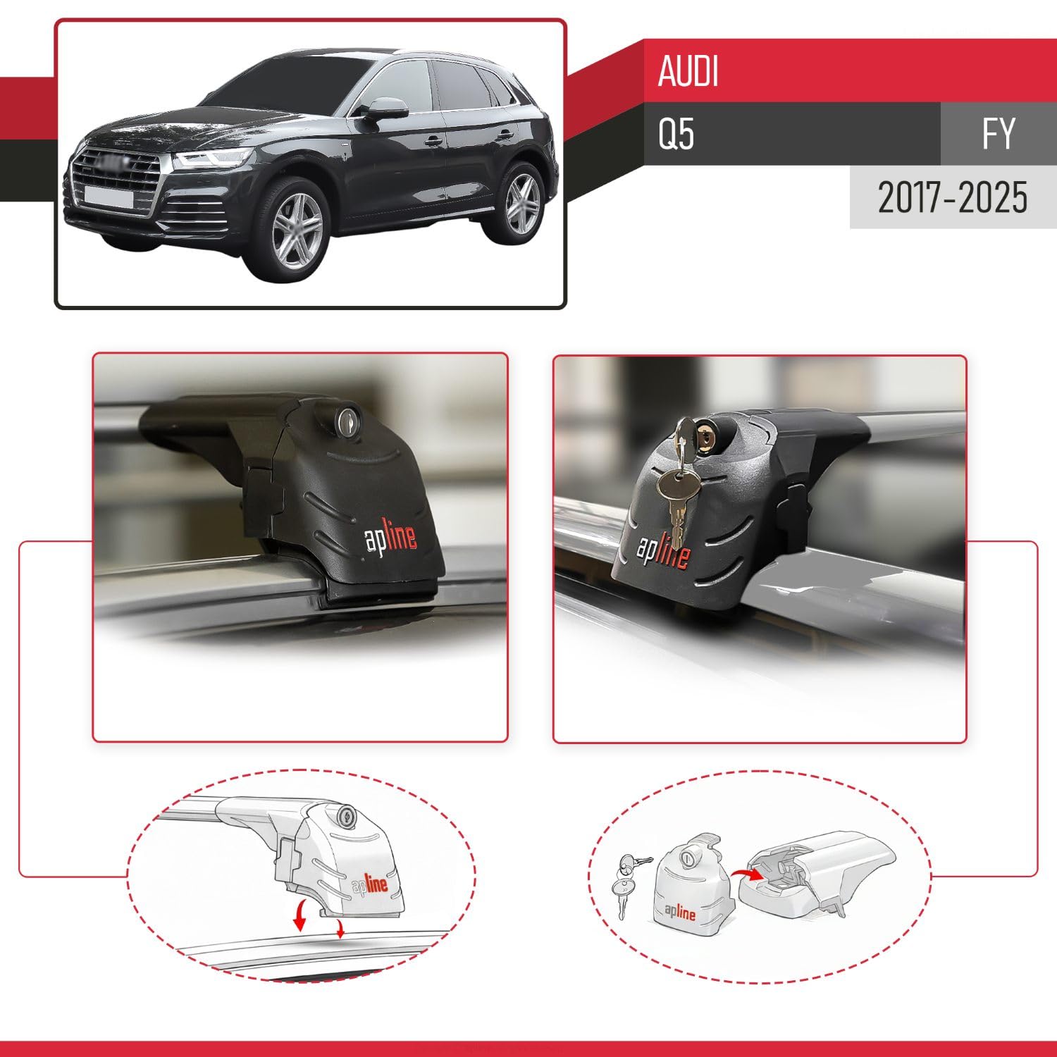 Compatibile con Audi Q5 (FY) 2017-2025 Modello ACE-2 Barre Tetto Portapacchi Auto Barre Portatutto Grigio Alluminio 2 Barre