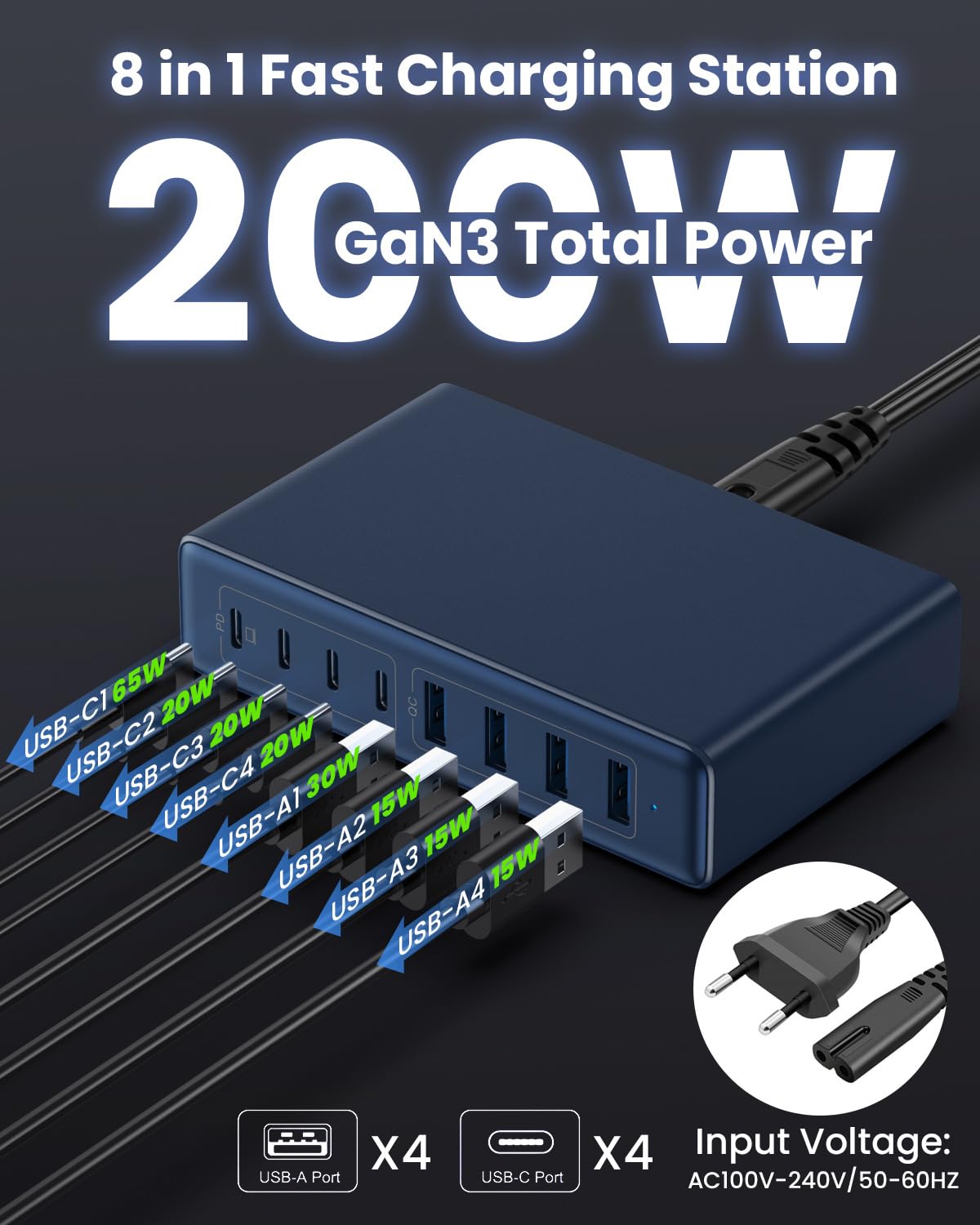 200W Caricatore Multiplo USB C, 8-Porte GaN III USB Stazione Ricarica Caricatore Rapido QC4.0+PD 65W Laptop Caricabatterie, Alimentatore Compatto USB C per MacBook PRO/Air, iPhone, Samsung Galaxy(Blu)