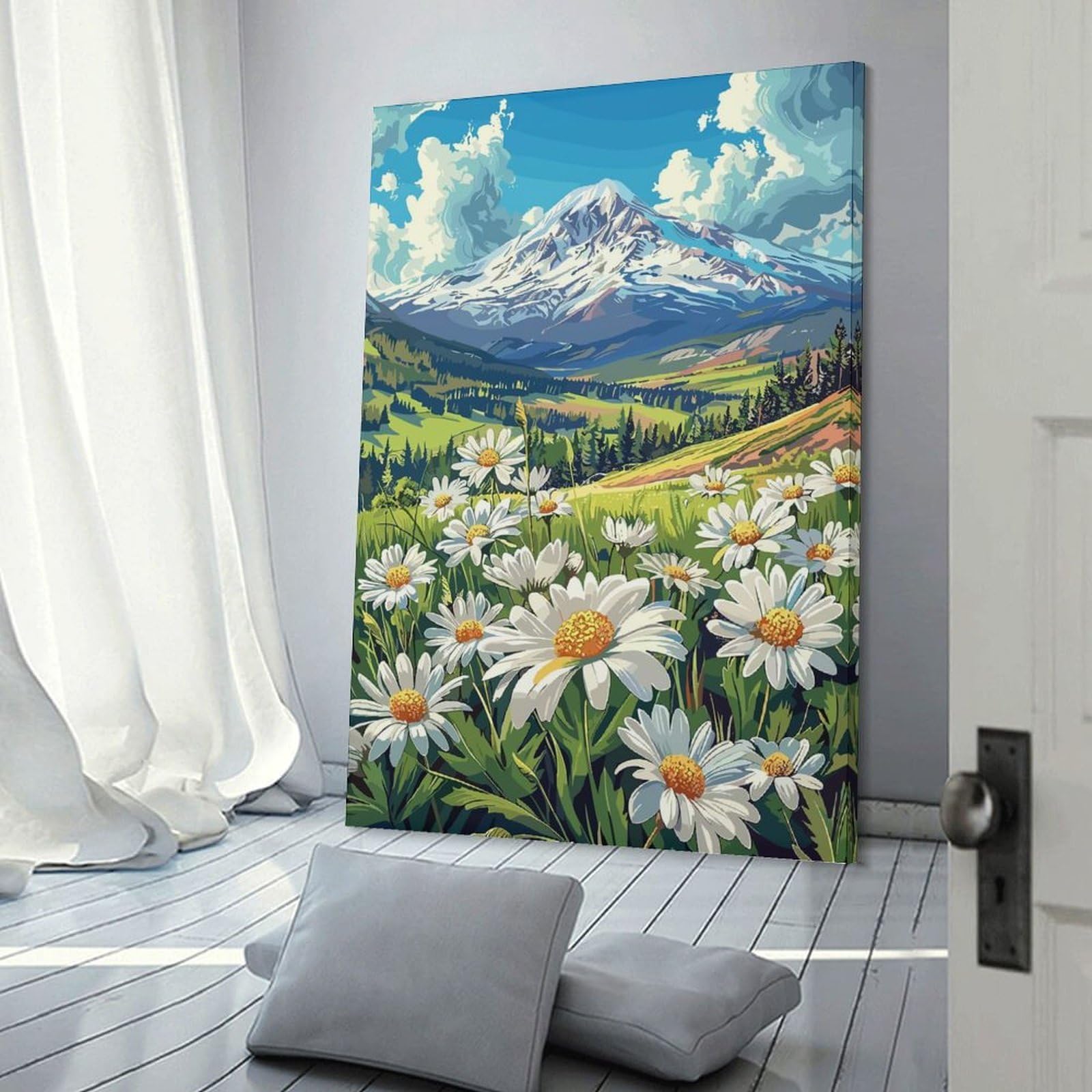 Junmoney Wall Decor Canvas Print Mountain Meadow Daisies, 24x36inch(60x90cm), for Bedroom Walls, Guest Spaces Or Lounges, Decorative Wall Art for Cosy Rooms