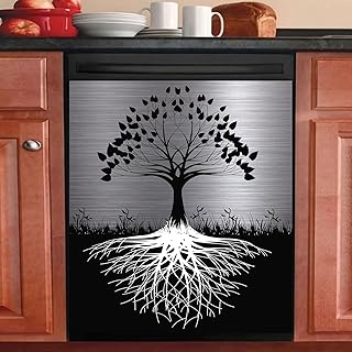 Tree of Life Dishwasher Cover Magnet Decor,23x26inch Large Polishing Metal Dishwasher Front Door,Black Kitchen