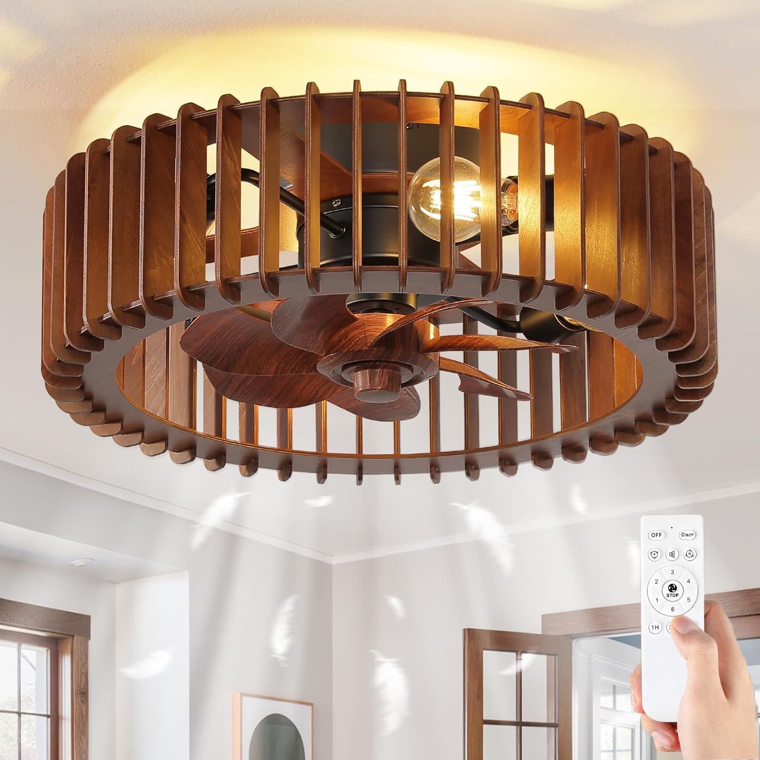 Deckenventilator mit Beleuchtung, Echtholz, 50 cm, 4× E27 | Deckenlampe mit Ventilator, Echtholzgitter, 4 E27-Fassungen, Fernbedienung, 6 Stufen, Timer und umkehrbarer Drehrichtung.