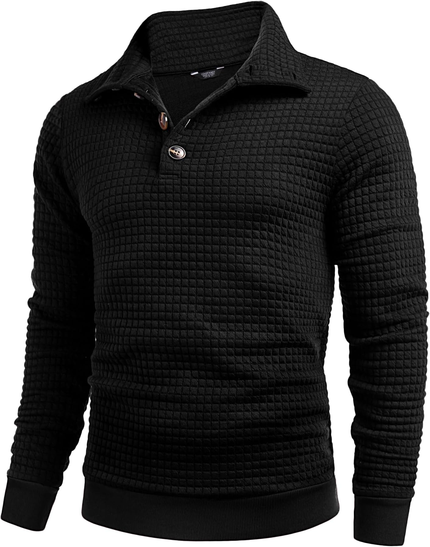 COOFANDY Men's Sweatshirts Waffle Pullover Winter Jumpers Button Front Sweatshirt No Hood Stand Collar Sweatshirts Quilted Sweatshirts