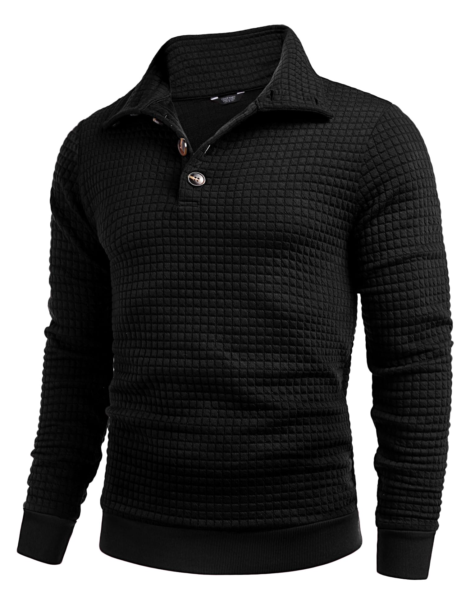 COOFANDY Men's Sweatshirts Waffle Pullover Winter Jumpers Button Front Sweatshirt No Hood Stand Collar Sweatshirts Quilted Sweatshirts
