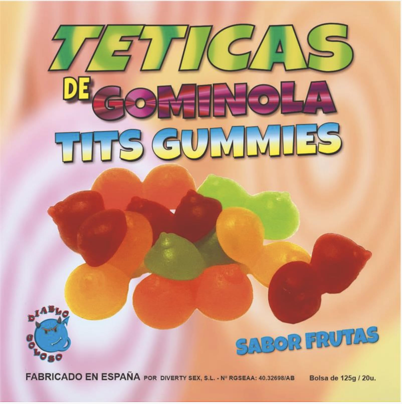 CAJA DE GOMINOLA DE TETAS Brillo SABOR FRUTAS 6 Colores Y SABORES Made is Spain