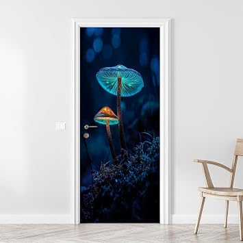 3D Door Sticker Magical Mushrooms Door Mural Peel and Stick Self-Adhesive Door Decal Removable Wallpaper Poster Home Decor for Bedroom 30.3"x78.7"