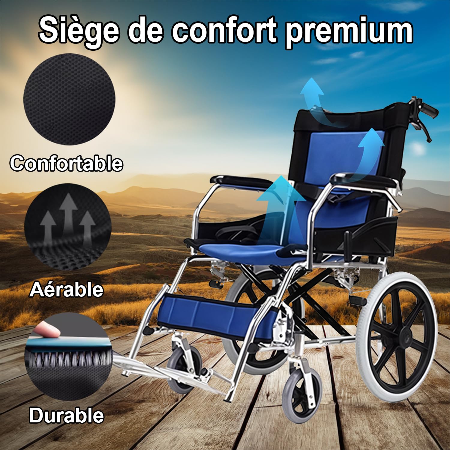M3 Fauteuil roulant, pliable, léger, avec frein sur les poignées, pour personnes handicapées et personnes âgées, avec soutien au pied, accoudoirs, siège 45 cm