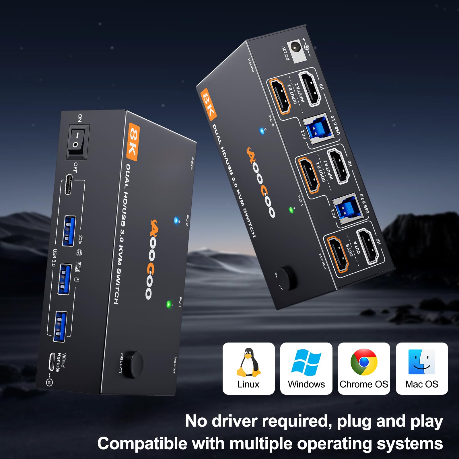 Commutateur KVM HDMI 8K @ 60Hz/4K@120Hz, commutateur KVM HDMI pour 2 ordinateurs, 2 moniteurs et 4 appareils USB 3.0, télécommande filaire et câble USB inclus