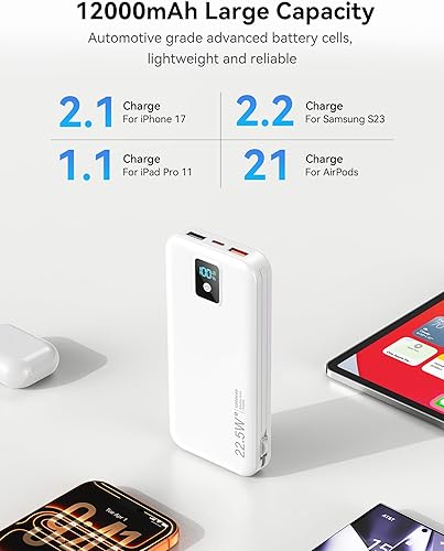 Miniatura 5 de Banco de energía portátil, cargador de teléfono de carga rápida de 12000 mAh 22.5 W con cables integrados y enchufe de pared, paquete de batería