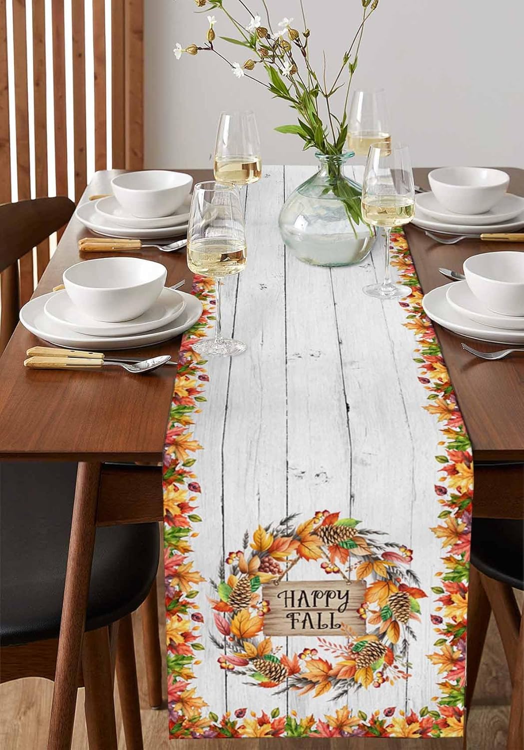 Happy Fall Table Runner 108 Inches Long for Dresser Dining Room Maple Leaves Kitchen Dining Table Runners Rustic Wood Grain Table Decorations for Home Party Indoor Outdoor 13 x 108 Inch