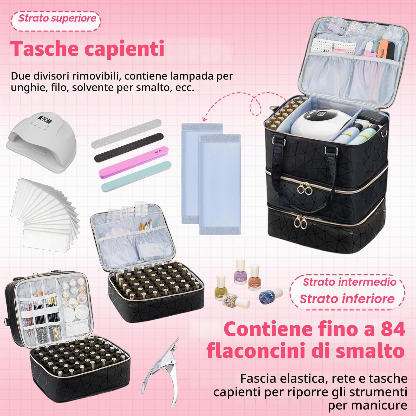 Porta Smalti Organizer Grande Capacità per 84 Bottiglie,Impermeabile | Valigia Unghie Professionale,Beauty Case Viaggio Staccabile e per Nail Art
