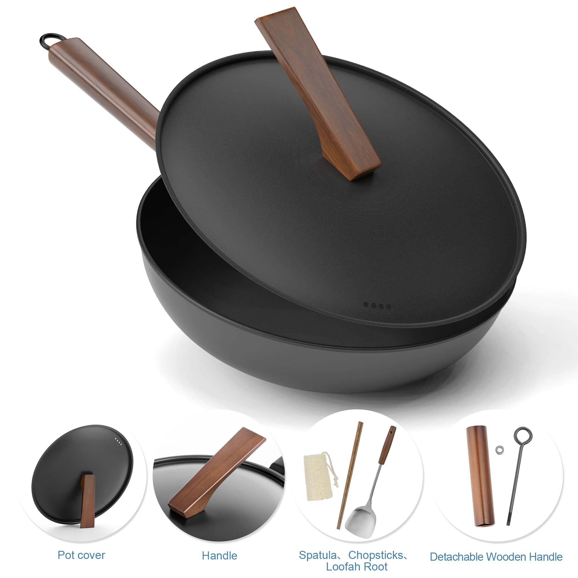 Bielmeier 13" Wok Pan, Woks and Stir Fry Pans with Lid, No Chemical Coated Wok with Spatula, Chopsticks and Loofah Root, Flat Bottom Carbon Steel Wok Suits for All Stoves…