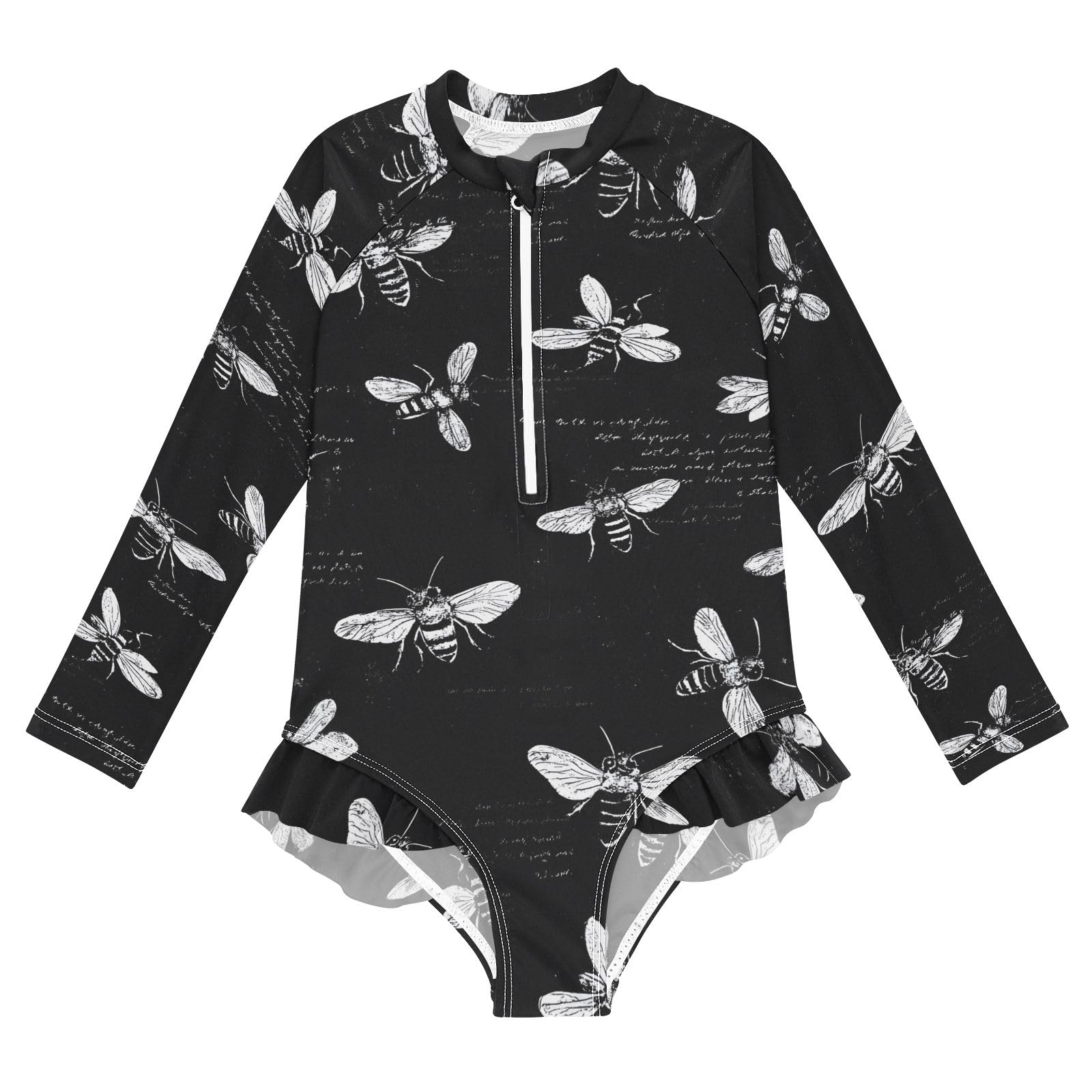 ALAZA Swimsuit for Girls Long Sleeve Rashguard Bathing Suit Black White Bees Quick Dry 4T