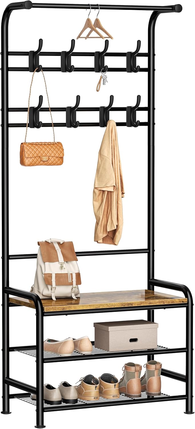 HOMIDEC Coat Stand, 182cm Coat Rack with Shoe Bench Removable Hooks Hanging Rail, Coat and Shoe Rack for Hallway Entryway Small Space, Rustic Brown