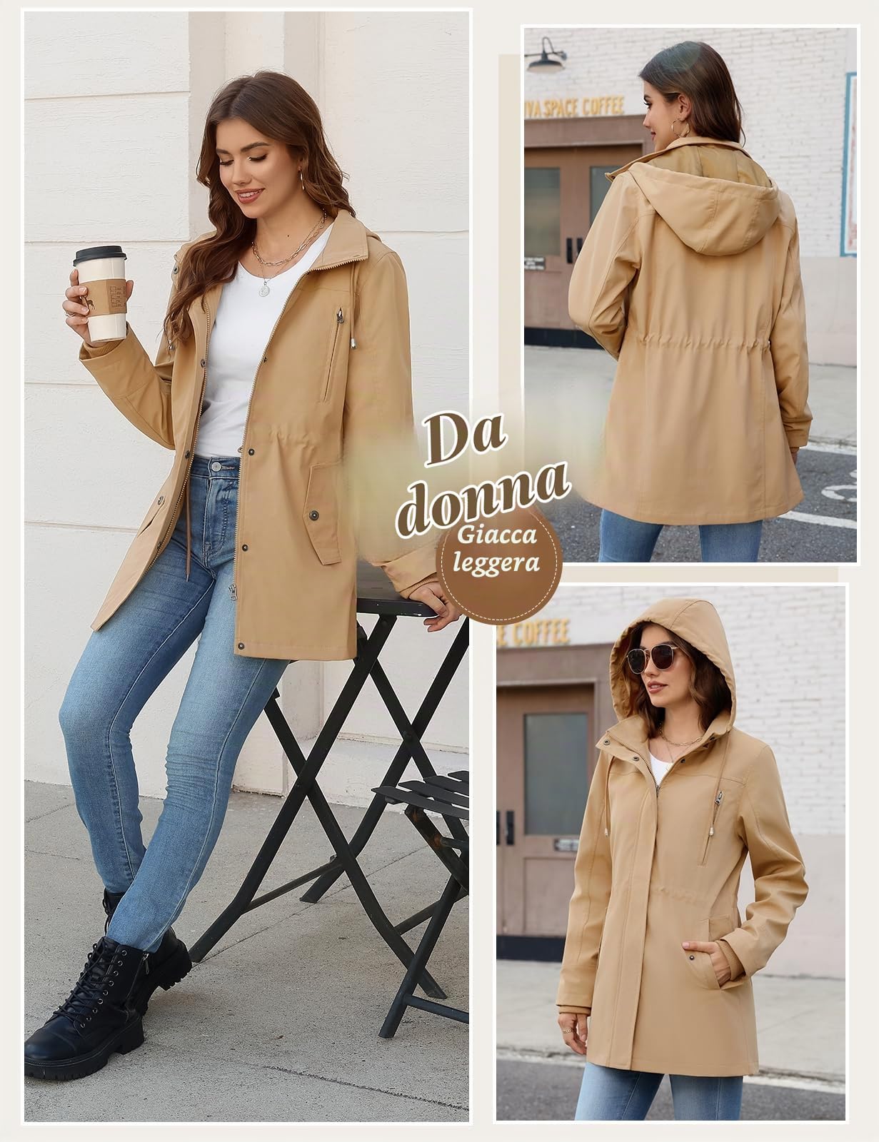 Tuopuda Giacche Donne Cappotto Leggera Utility Giubbotto Casual Giacca con Cerniera Cappuccio Outdoor Primaverile Autunno