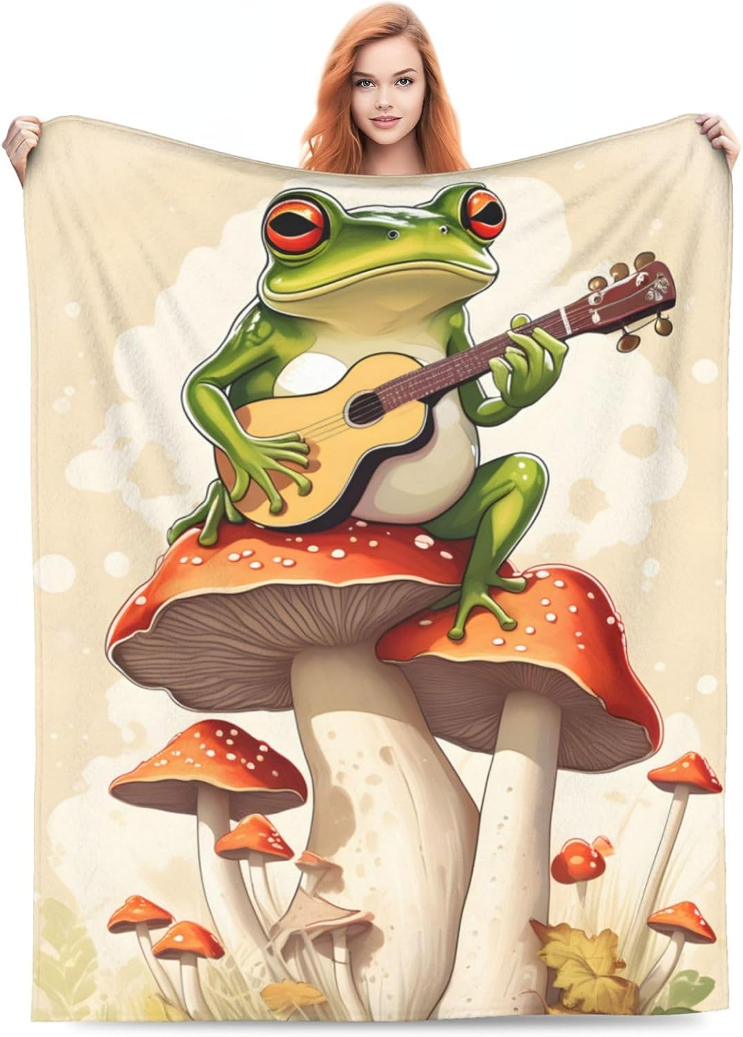 Frog Mushroom Blanket Gifts for Kids Funny Frog Play Guitar Flannel Throw Blankets Soft Comfy Lightweight for Home Decor Couch Bed Sofa 60x50 Inches