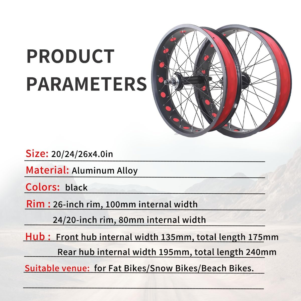 Set di Ruote per Bici da Neve 20/24/26"X 4.0" Pneumatici Larghi Anteriori e Posteriori Freno a Disco Set di Ruote da Spiaggia Cerchi in Lega di Alluminio Mozzi 36H Raggi 14G QR 135