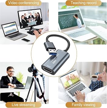 HDMI Capture Card USB 3.0, 1080P 60FPS Video Capture Card, 4K@30Hz HDMI to USB A Capture Adapter for Streaming, Gaming, Recording, OBS, PS5, Xbox, Switch, DSLR Camera, Windows Mac Linux