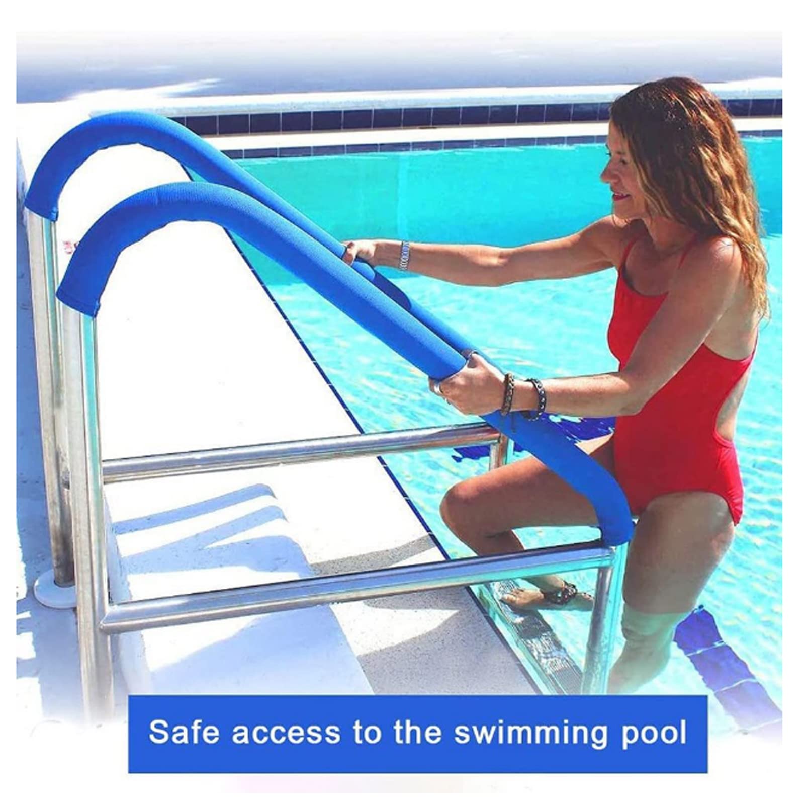 Pasamanos para Piscina de Acero Inoxidable 304, barandilla de Escalera para Piscina de 1,2 m con Base de Montaje rápido, Cubierta Azul Antideslizante, pasamanos Duradero y Seguro para piscin
