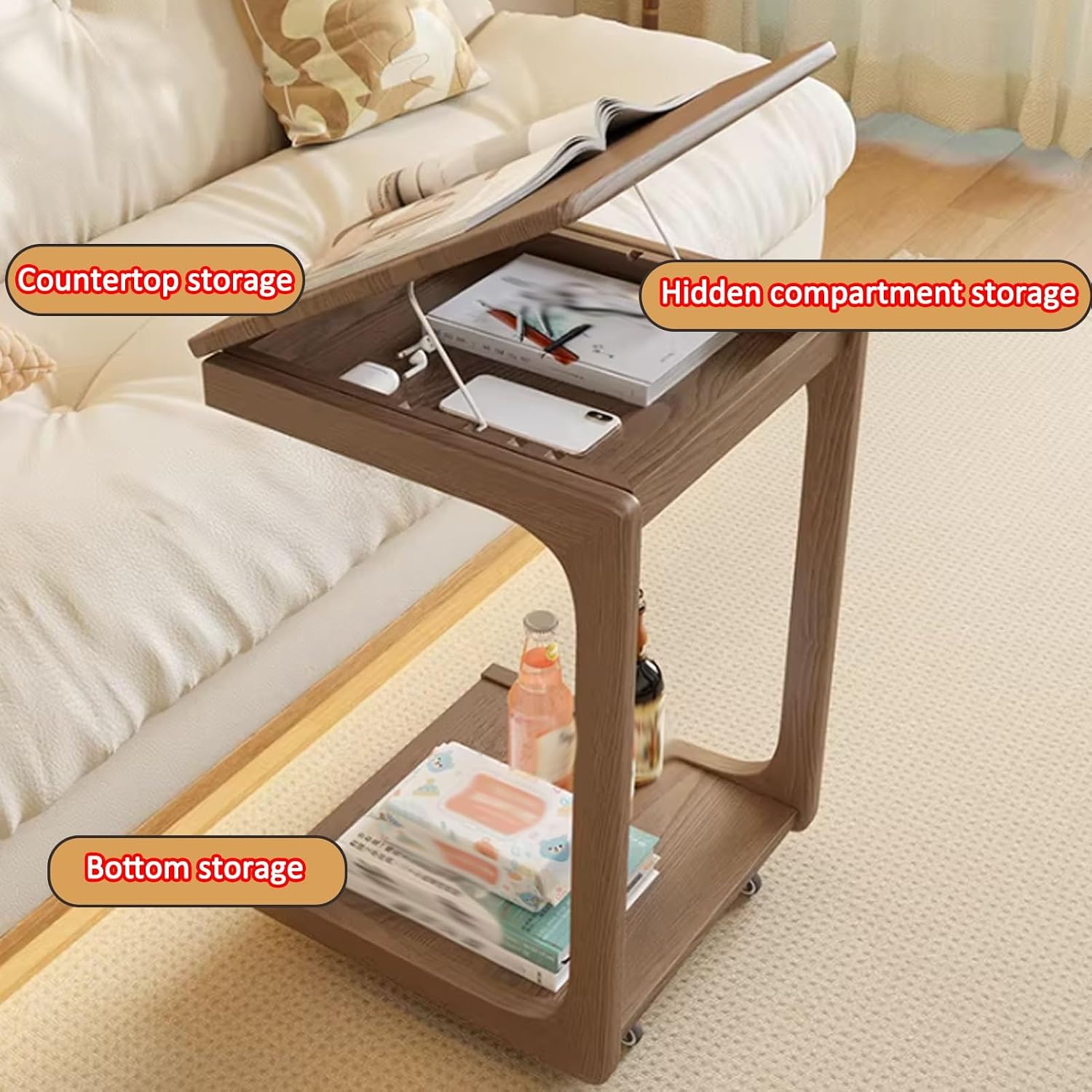 JKGHK Solid Wood C-Shaped Overbed Side Table with 360° Wheels, Small Bed Table with Adjustable Desktop Angle, Rolling End Table for Living Room, Narrow Spaces(White,40cm/15.7in)