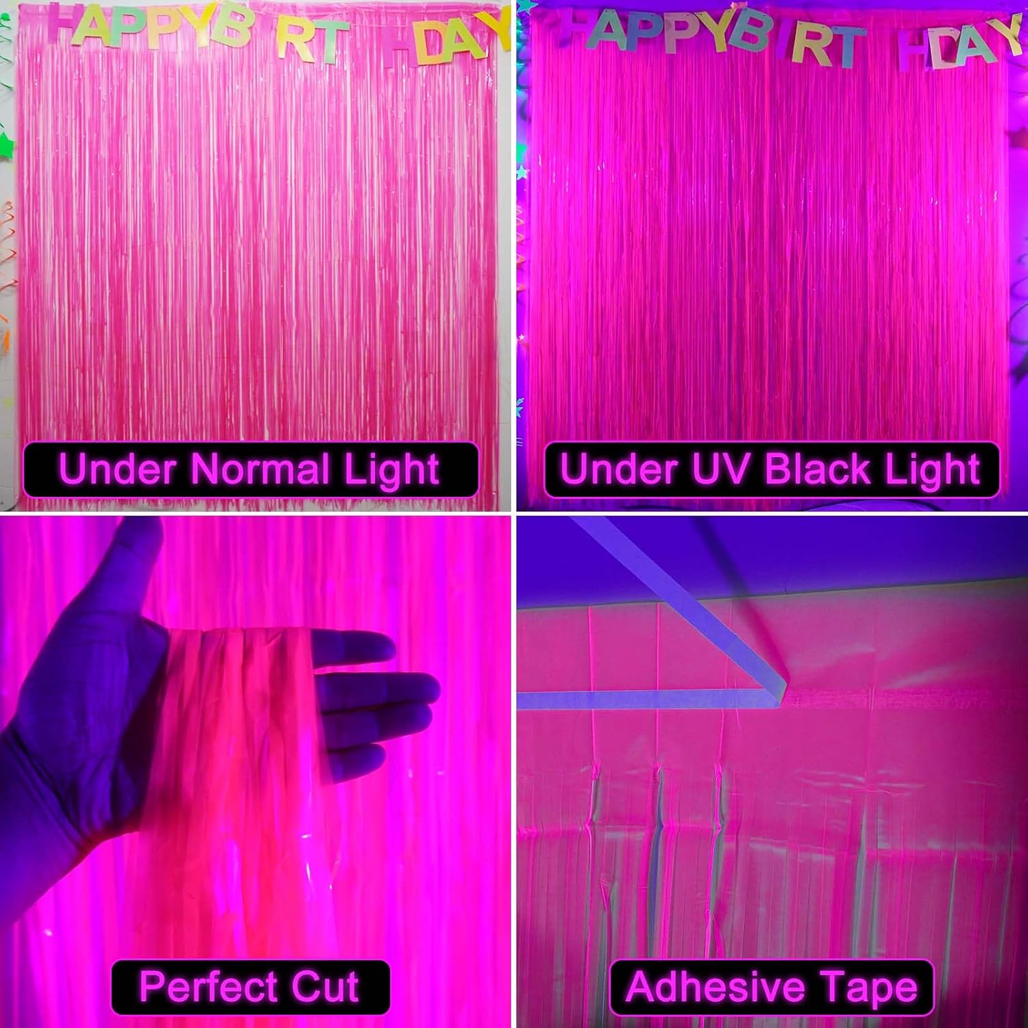 PIGETALE 2 Pack 3.3x6.6 ft Fluorescent Macaron Fuchsia Foil Fringe Curtains image 4