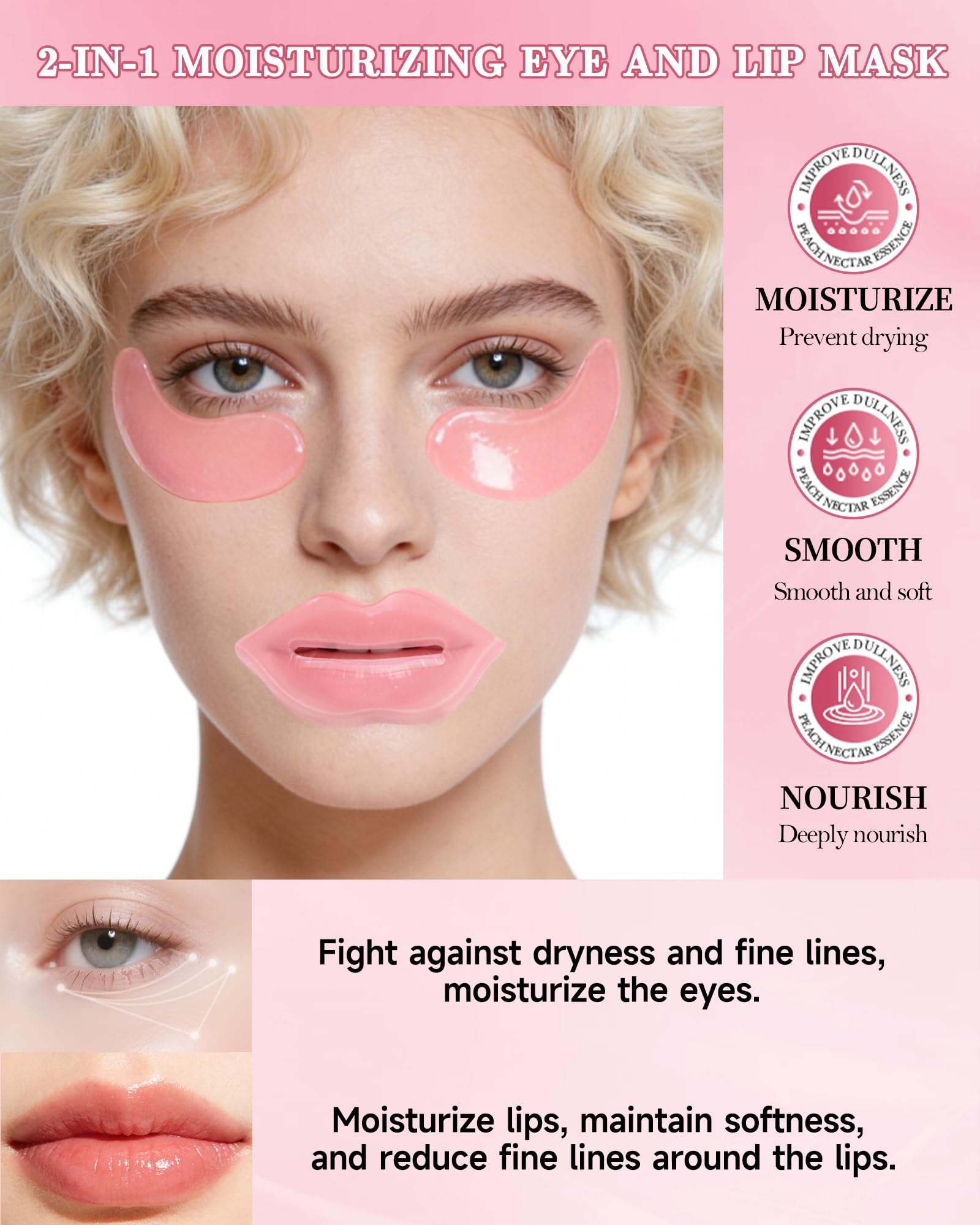 Lot de 8 Masques Yeux et Lèvres au Collagène, Cristal Pêche Patchs Améliorer les Cernes et Poches, Rides et Rides Fines, Masque Lèvres Hydratant, Kit Complet Soins Cadeau Femme Beaute - Set A