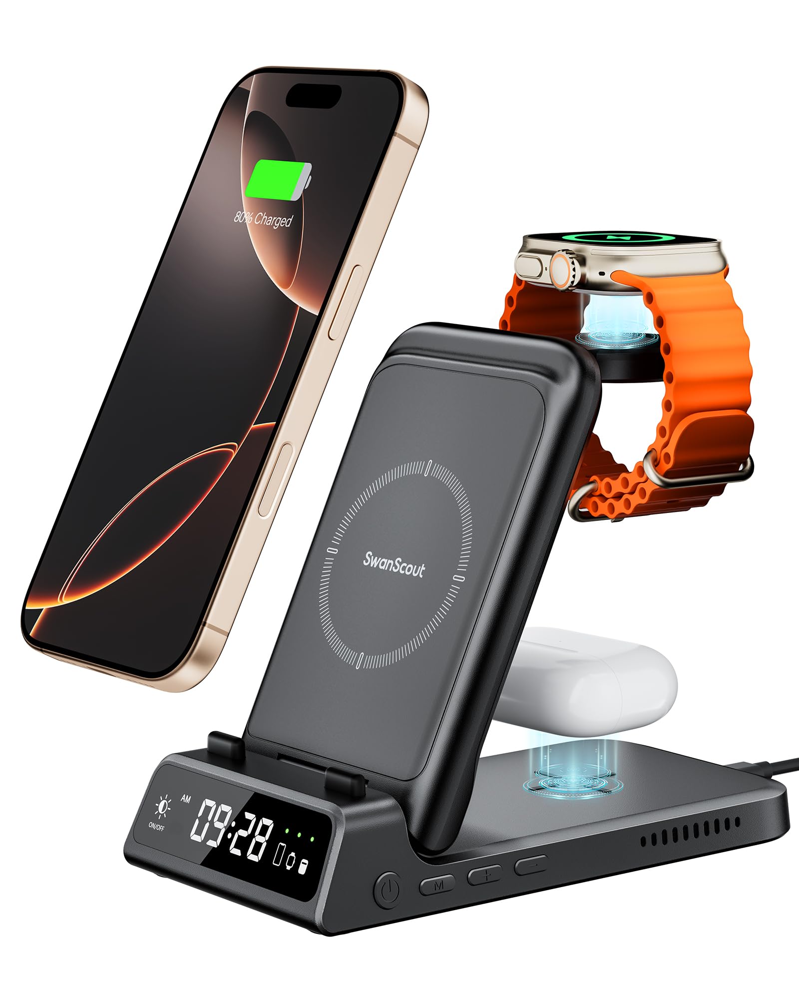 SwanScout 3 in 1 Caricatore Wireless per iPhone, Stazione Ricarica per iPhone 16-8 Serie, Base Ricarica per Apple Watch and Air Pods, SwanScout 703A
