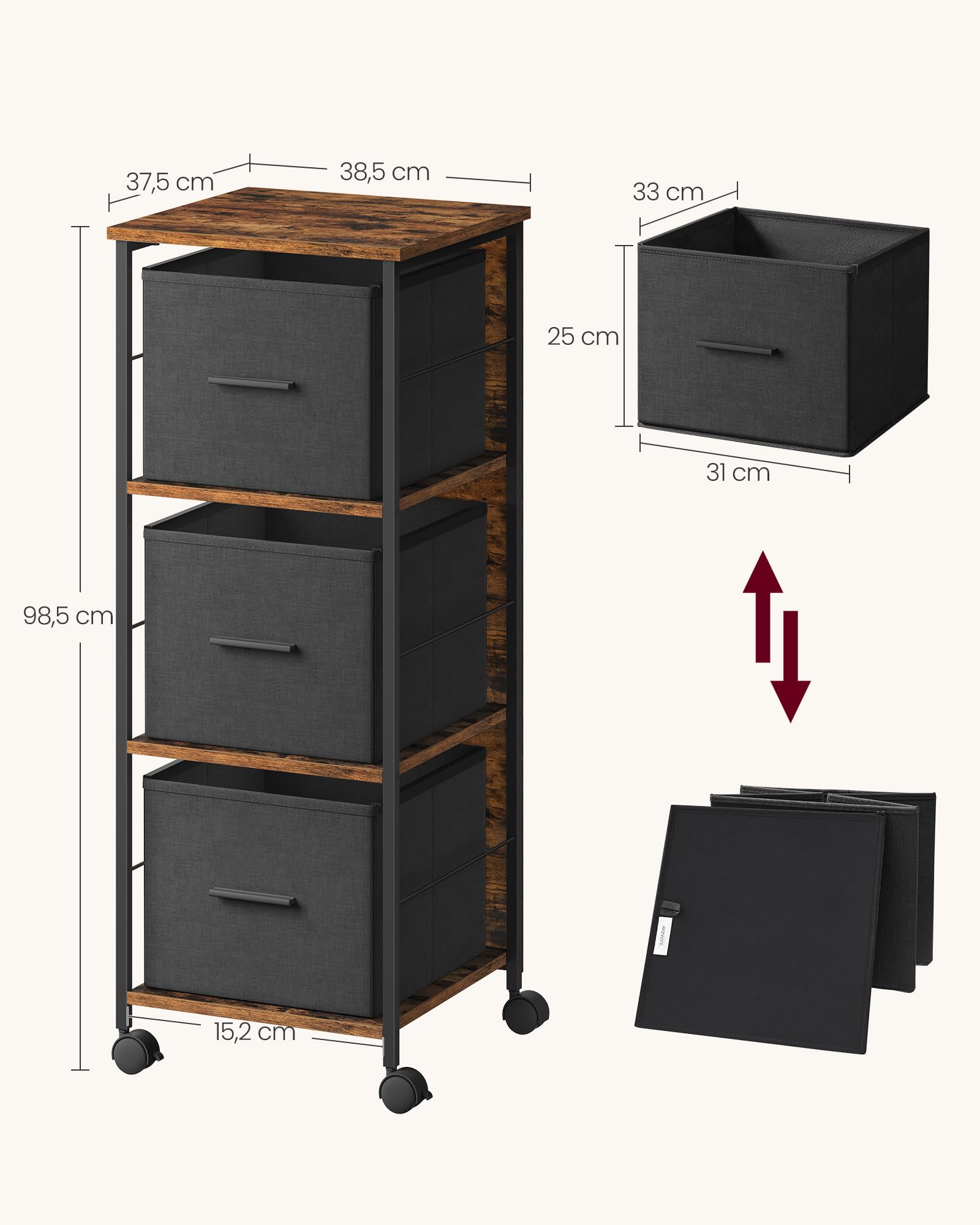 VASAGLE Caisson Bureau, 3 Tiroirs, Bibliothèque, Étagère de Rangement en Cube, Support pour Imprimante, pour Format A4, Dossiers Suspendus, Bureau, Marron Rustique et Noir d’Encre OFC058B01