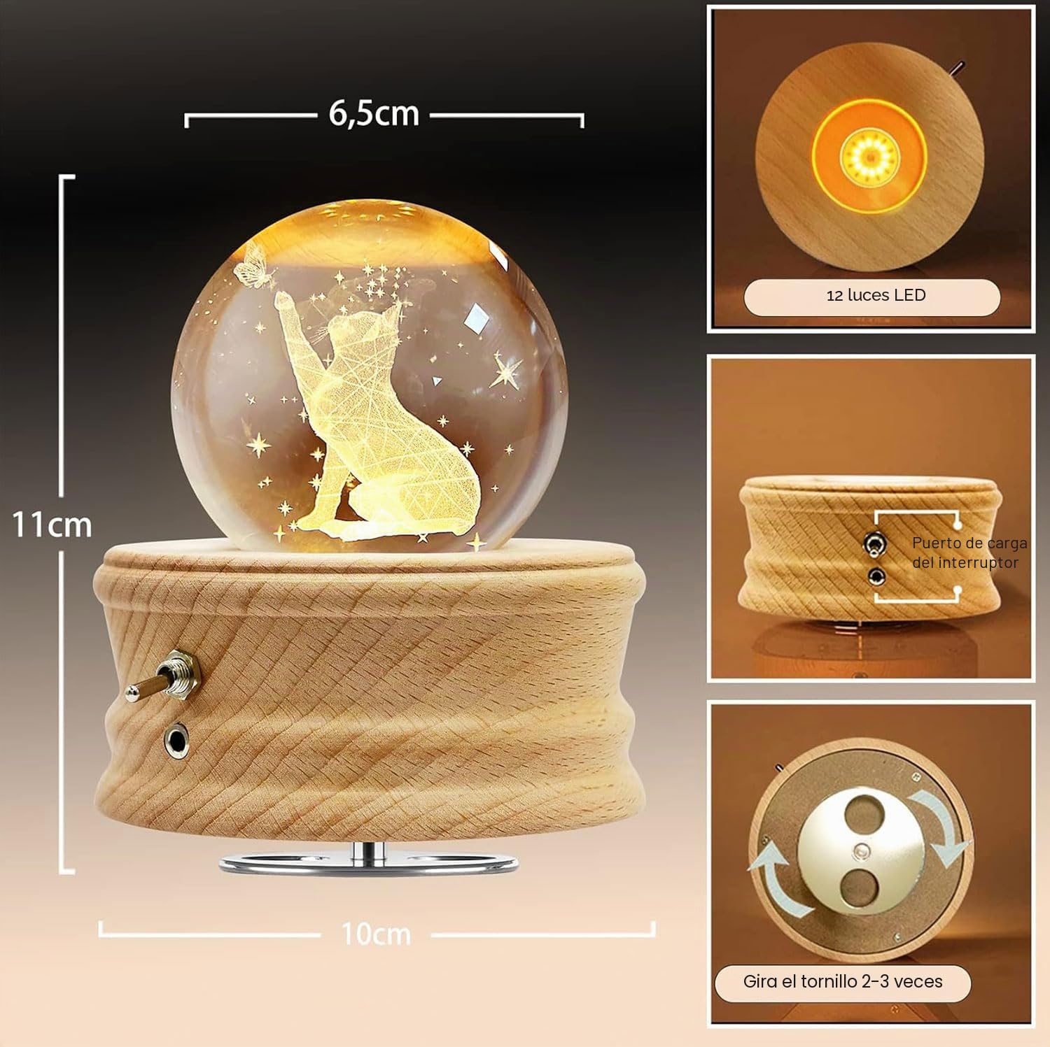 Caja de Música con Bola de Cristal 3D,Caja de Músic con Gato y Mariposa Giratoria 360°, Caja de Música de Madera con Luz,Caja Musical Regalo para Niños,Mujeres,Amigos para Cumpleaños Navidad