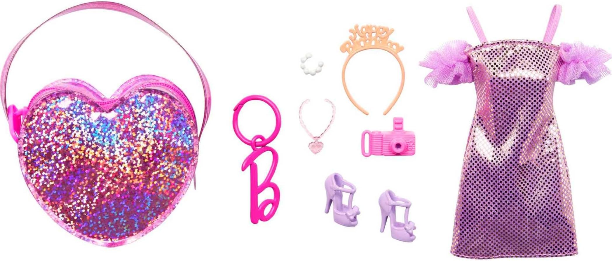 Clothes Set, Birthday-Themed with Dress, 5 Acessories & Zippered Doll-Sized Heart-Shaped Bag with Clip-On Ring