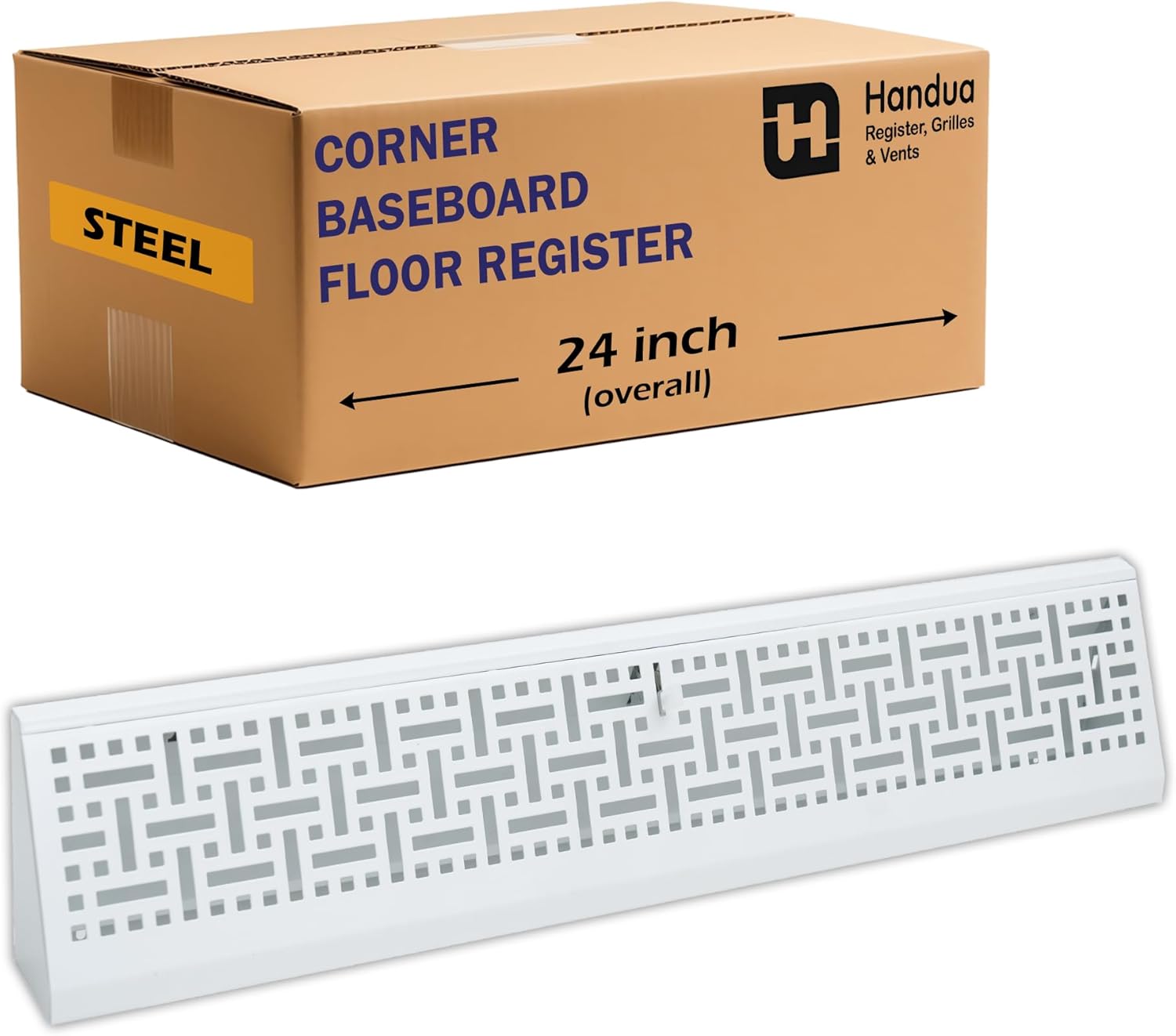 Fits 24" Baseboard Space | Corner Baseboard Register by Handua | Decorative Design | 24" External Length Register Vent Cover Grill | Adjustable Lever for Air Flow Control | White 24 Inch White